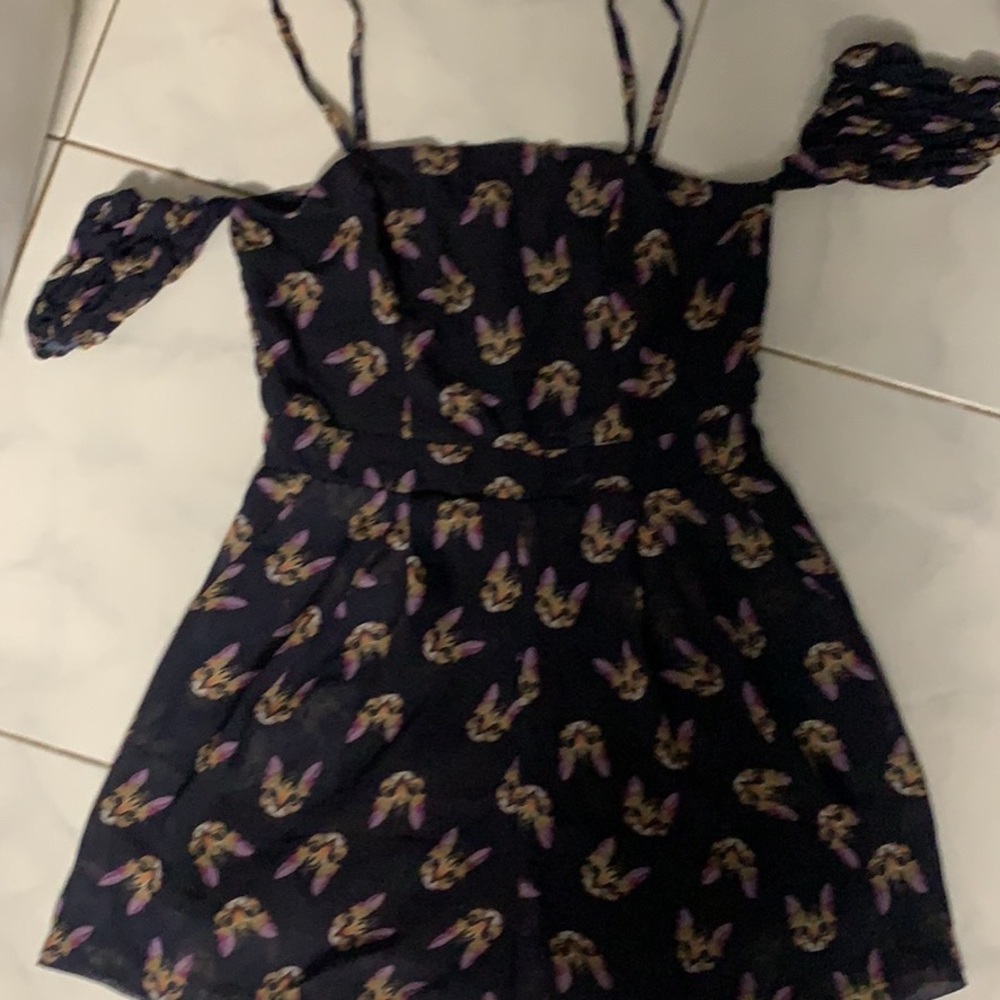 Off the Shoulder Cat Romper with Pockets